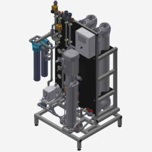 3D-illustration av ett Avsaltningsanläggningar industri M-system med olika tankar, rör och ventiler monterade på en metallram.