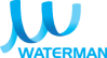 Watermans logotyp, med ett stiliserat blått "w" följt av namnet "waterman" i ett matchande blått, sans-serif typsnitt.