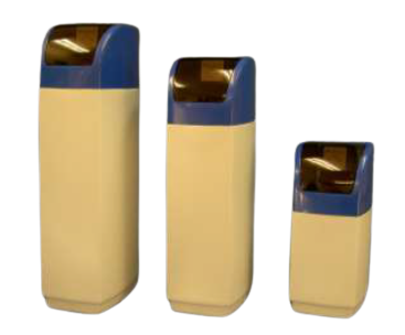 Tre cylindriska krämfärgade och blå retroavfallskärl i stigande storleksordning.